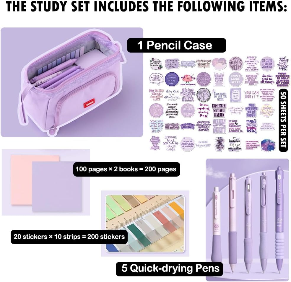 HVOMO Stationery Set,1 large-capacity pencil case,5 quick-drying pens,50 waterproof stickers,2 sticky note pads(200 sheets),1 set of 10-color index labels (200 sheets),Student stationery gift (Purple)