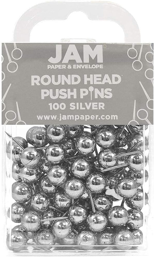 JAM PAPER Colorful Push Pins - Round Head Map Thumb Tacks - Silver PushPins - 100/Pack