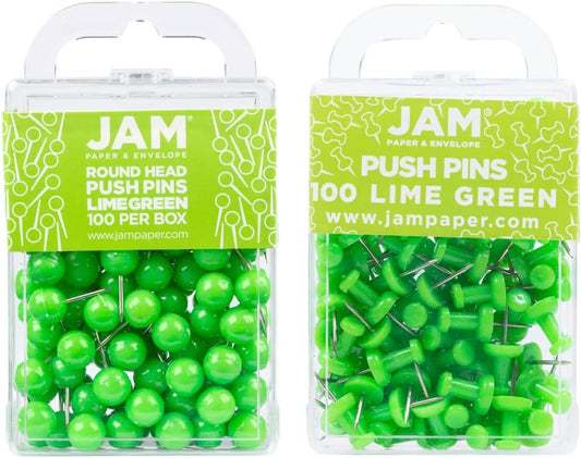 JAM PAPER Colorful Push Pins - Flat & Round Head Thumb Tack Combo Set - Lime Green Pushpins - 200/Pack
