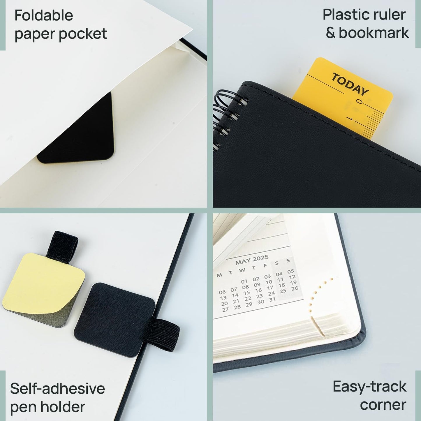 POPRUN Pocket Planner 2025-2026 (Purse Size 4'' x 6.25'') Academic Small Calendar (July 2025 - June 2026) with Hourly Time Slots, 100GSM Thick Papers, Spiral Leather Cover - Pacific Green