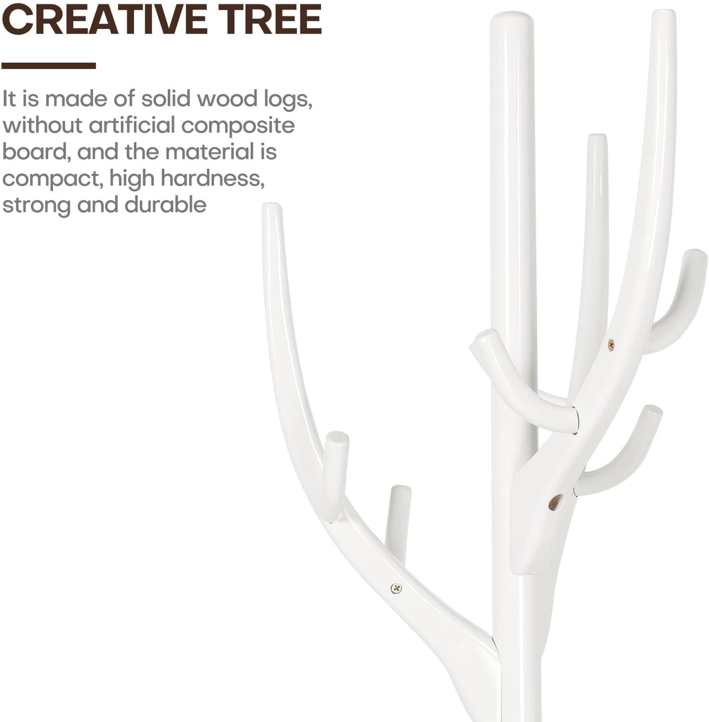 Coat Rack Freestanding, Wooden Coat Rack Stand with 16.5" Round Base, Tree Branch-look, 72" Coat Tree Standing Heavy Duty Clothes Hanger with 12 Hooks for Corner Entryway, White
