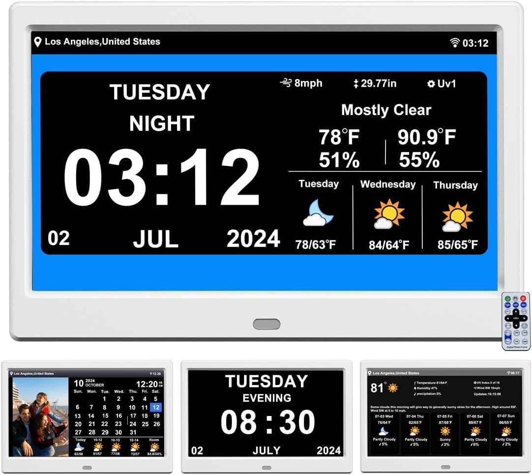 Digital Alarm Clock with Date and Time for Elderly Digital Calendar Clock Photo Frame- Auto Dimmable Display 15 Alarm Options (10 inch White)