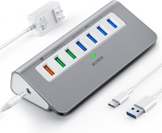 Powered USB-C 7-Port Hub, USB 3.2 Gen 2 Adapter - 4x 10Gbps Data, 3x 3.3ft Charging Ports, 30W Power Adapter for Laptop, PC, MacBook