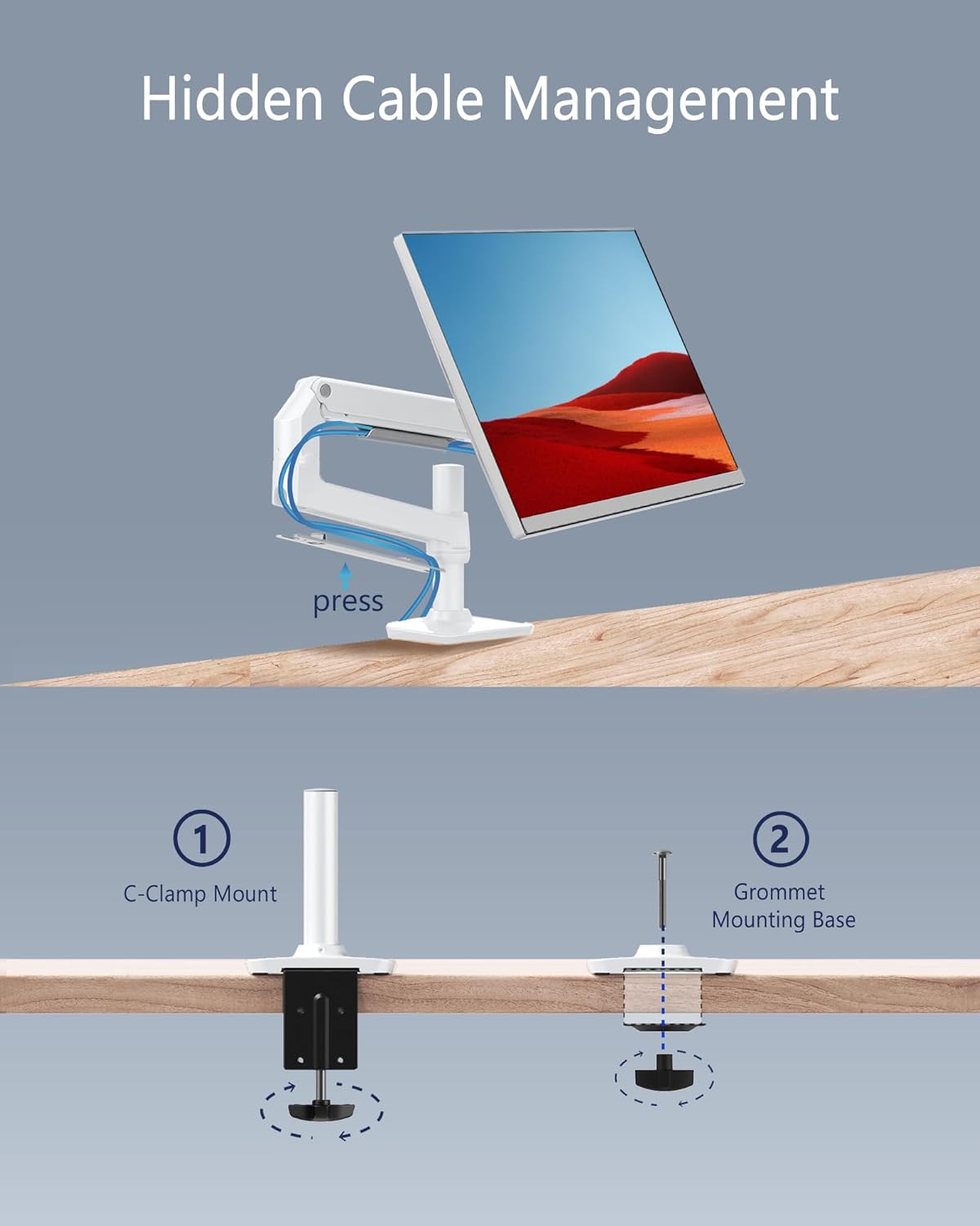 Single Monitor Arm Desk Mount, Holds Screens up to 40 Inches and 25 lbs, Fully Adjustable Vesa Monitor Mount with C-Clamp and Grommet Base, Aluminum, White