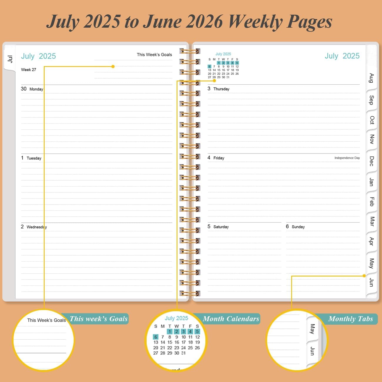2025-2026 Planner - Academic Planner 2025-2026 from July 2025 - June 2026, Weekly & Monthly Planners Spiral Bound with 12 Monthly Tabs, Inner Pocket, 6.4" x 8.5", Rose Flower