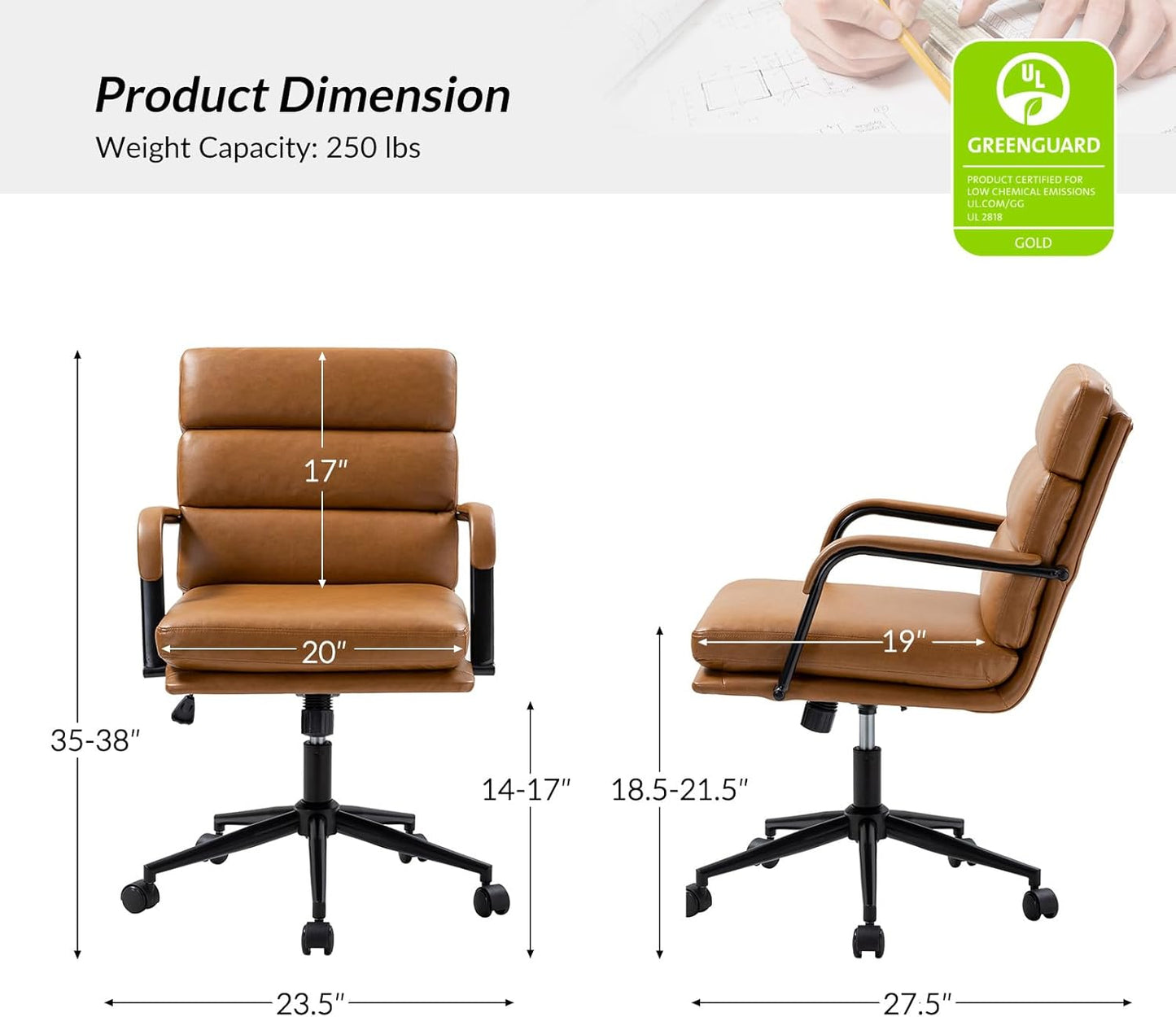 HULALA HOME Modern Faux Leather Home Office Chair with Tilt Lock & Metal Base, Desk Chair with Wheels & Padded Cushion, 360° Swivel Wide Seat Computer Task Chair, Camel