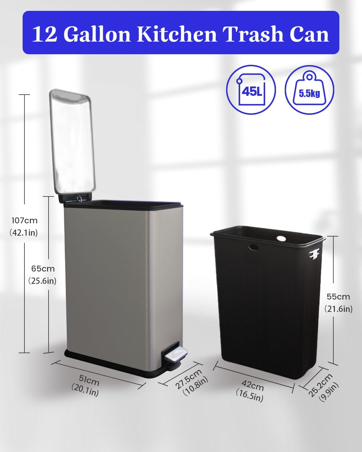 12 Gallon Slim Kitchen Trash Can, Stainless Steel Trash Can with Removal Inner Bucket and Soft-Close Lid, Pedal Garbage Can 45 Liter, Grey