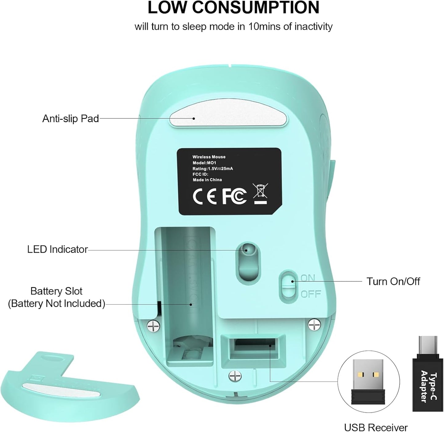 WisFox 2.4G Wireless Mouse for Laptop, Ergonomic Computer Mouse with USB Receiver and Type-C Adapter, 3 Adjustable Levels DPI, 6 Button Cordless Wireless Mice (Mint Green, 1 Pack)