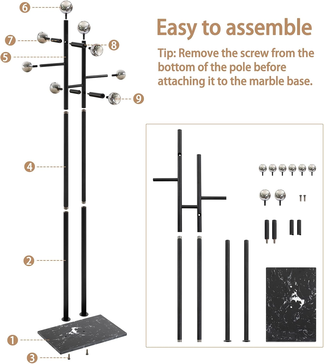 Coat Rack Freestanding with Square Marble Base Heavy Duty Metal Clothes Rack Hanging Stand for Entryway Bedroom Living Room Hotel 14.96 x 10.24 x 68.9 Inches (Black)