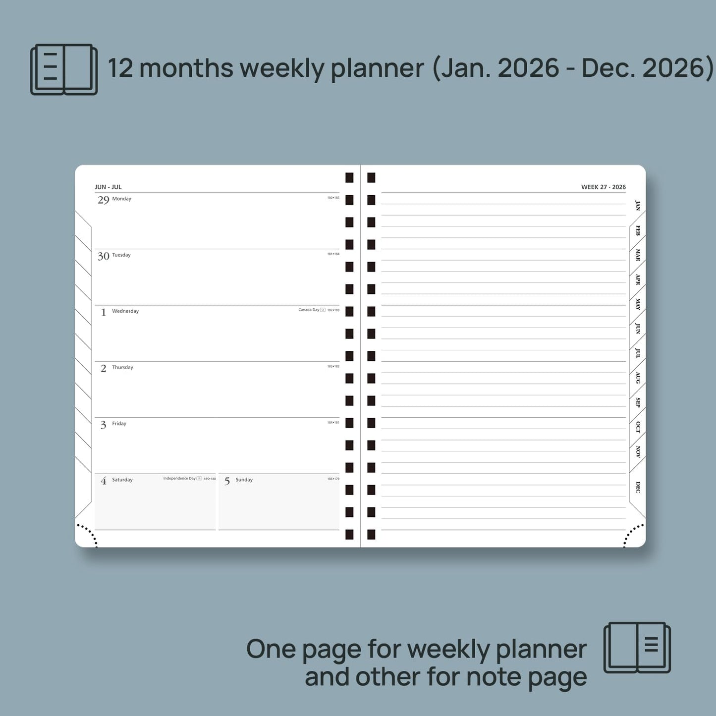 POPRUN 2026 Planner Weekly Notebook (Jan-Dec), Medium 8.5''x 6.5'' - Agenda 2026 Calendar Book with Monthly Tabs, Inner Pocket, Spiral Soft Cover, 100 GSM - Soft Pink