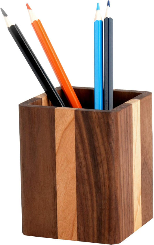 Walnut Pencil Holder Wood Pen Holder For Desk Pen Cup Organizer Ofiice Pencil Stand Simple(Cherry center walnut side)