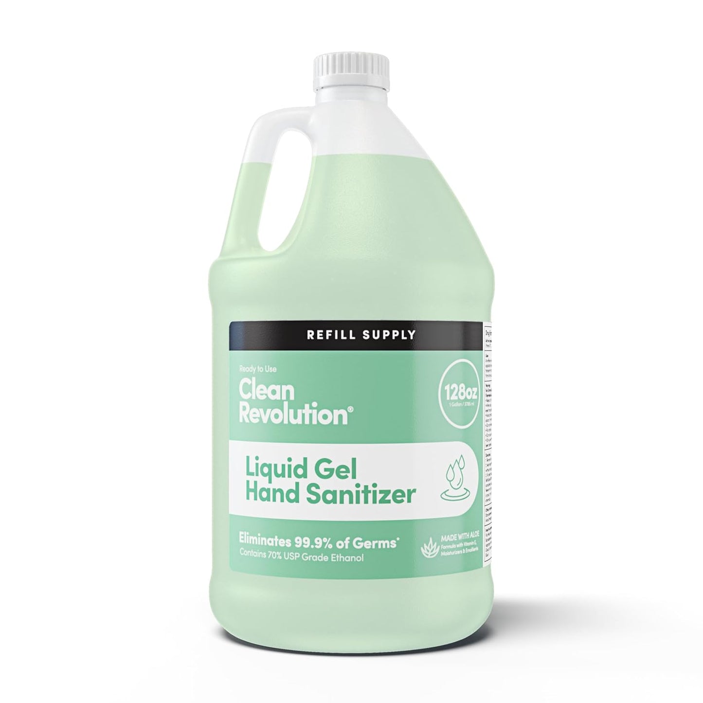 Clean Revolution Liquid Gel Hand Sanitizer, 128 Fl. Oz Refill Supply Container| Eliminates 99.9% of Germs | Gentle & Aloe Enriched | 70% USP Medical Grade Ethanol, Medical Facility Compliant