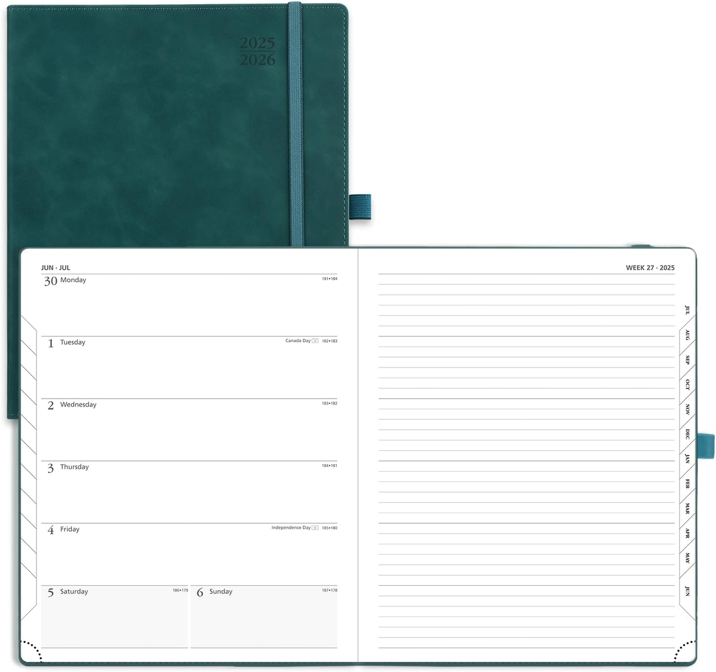 POPRUN Planner 2025-2026 Weekly Notebook (Large 8.5''x 10.5'') Academic Calendar (JUL.25 - JUN.26) Appointment Book with Monthly Tabs, Leather Soft Cover, Inner Pocket, 100 GSM - Petrol Green