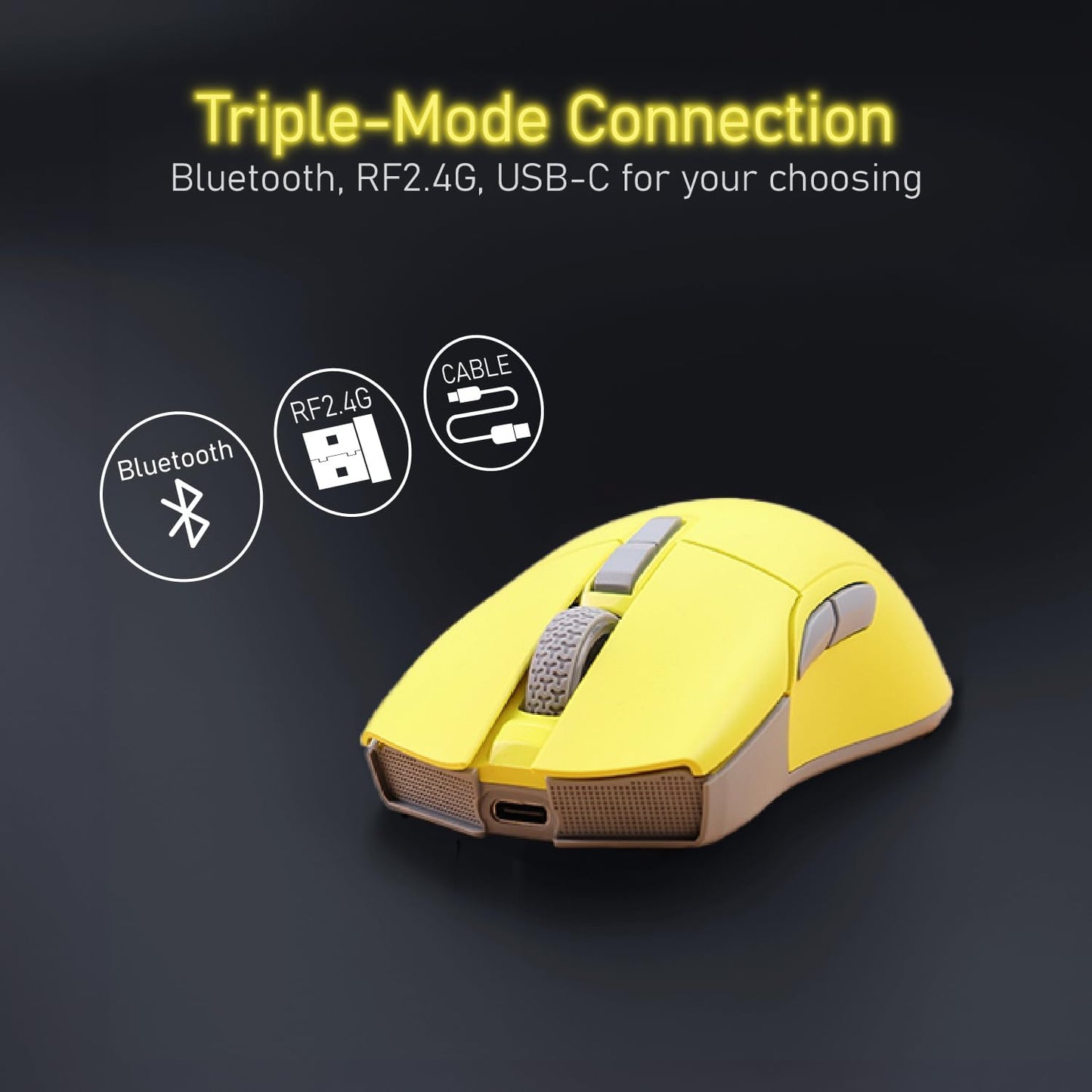 iRocks M31R Wireless Gaming Mouse, Triple Mode 2.4G/ Bluetooth/USB-C Detachable Cable Gaming Mouse, Kailh GM8.0 Switches, Advanced PixArt PAW3395 Optical Sensor, Up to 26,000 DPI - Lemon Yellow
