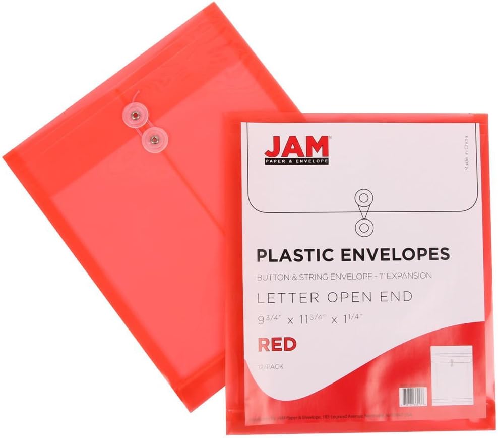 JAM PAPER Plastic Envelopes with Button & String Tie Closure - Letter Open End - 9 3/4 x 11 3/4 - Assorted Colors - 6/Pack