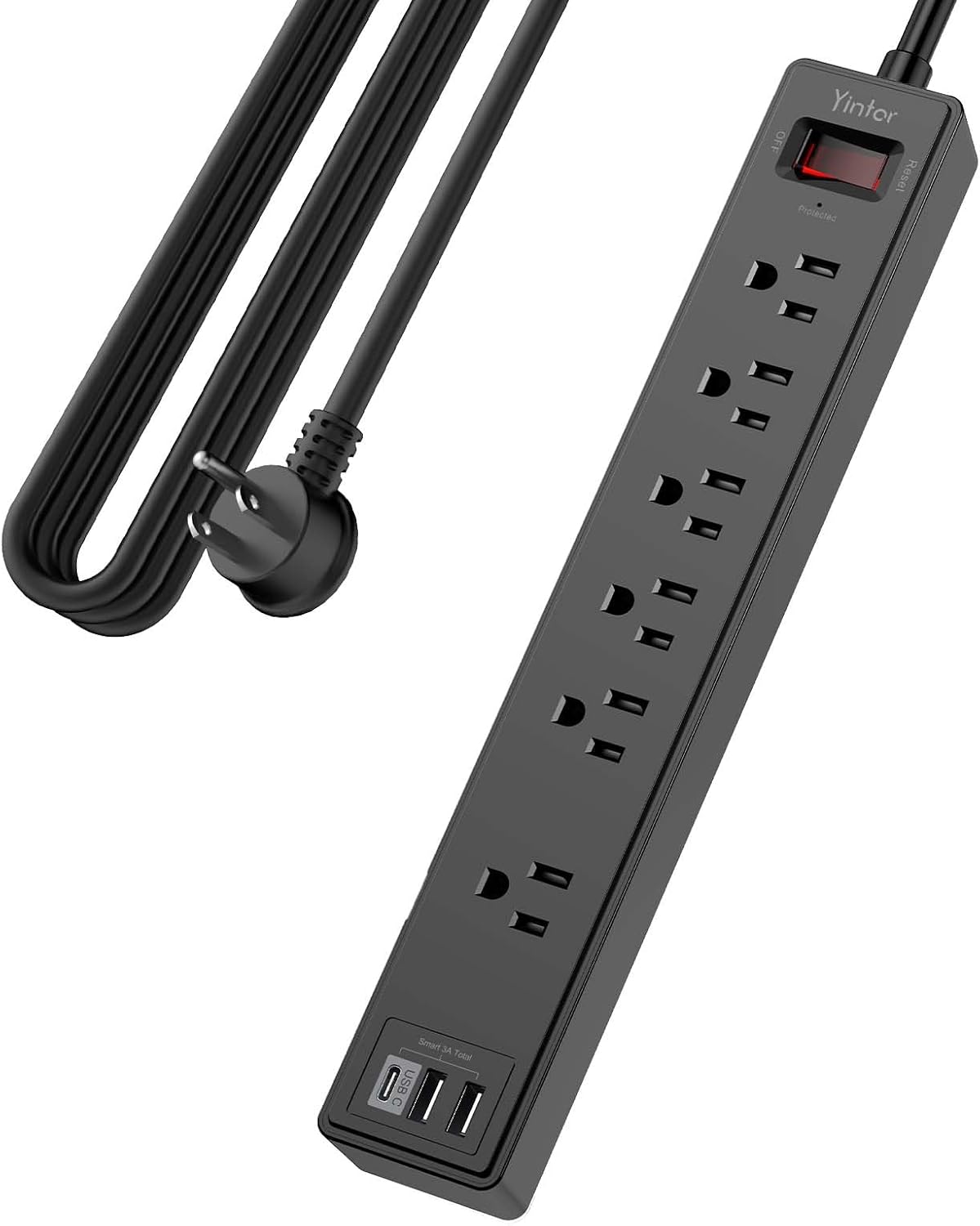15Ft Power Strip Surge Protector - Yintar Extension Cord with 6 AC Outlets and 3 USB Ports for Home, Office, Dorm Essentials, 1680 Joules, ETL Listed, Black