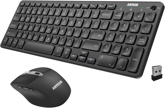 Arteck 2.4G USB Wireless Keyboard and Mouse Combo Ultra Slim Compact Keyboard and Ergonomic Mouse for Computer Desktop PC Laptop and Windows 11/10/8/7 Build in USB-C Rechargeable Battery