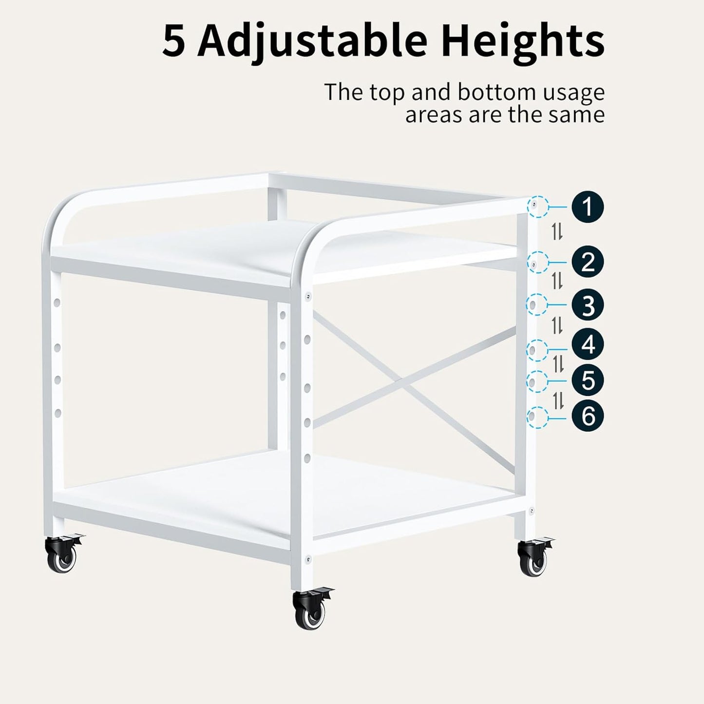 20 Inches Large Printer Stand, 2-Tier Under Desk Printer Table with Height Adjustable Shelf, Rolling Printer Cart with Industrial Wheels for Home Office (White)
