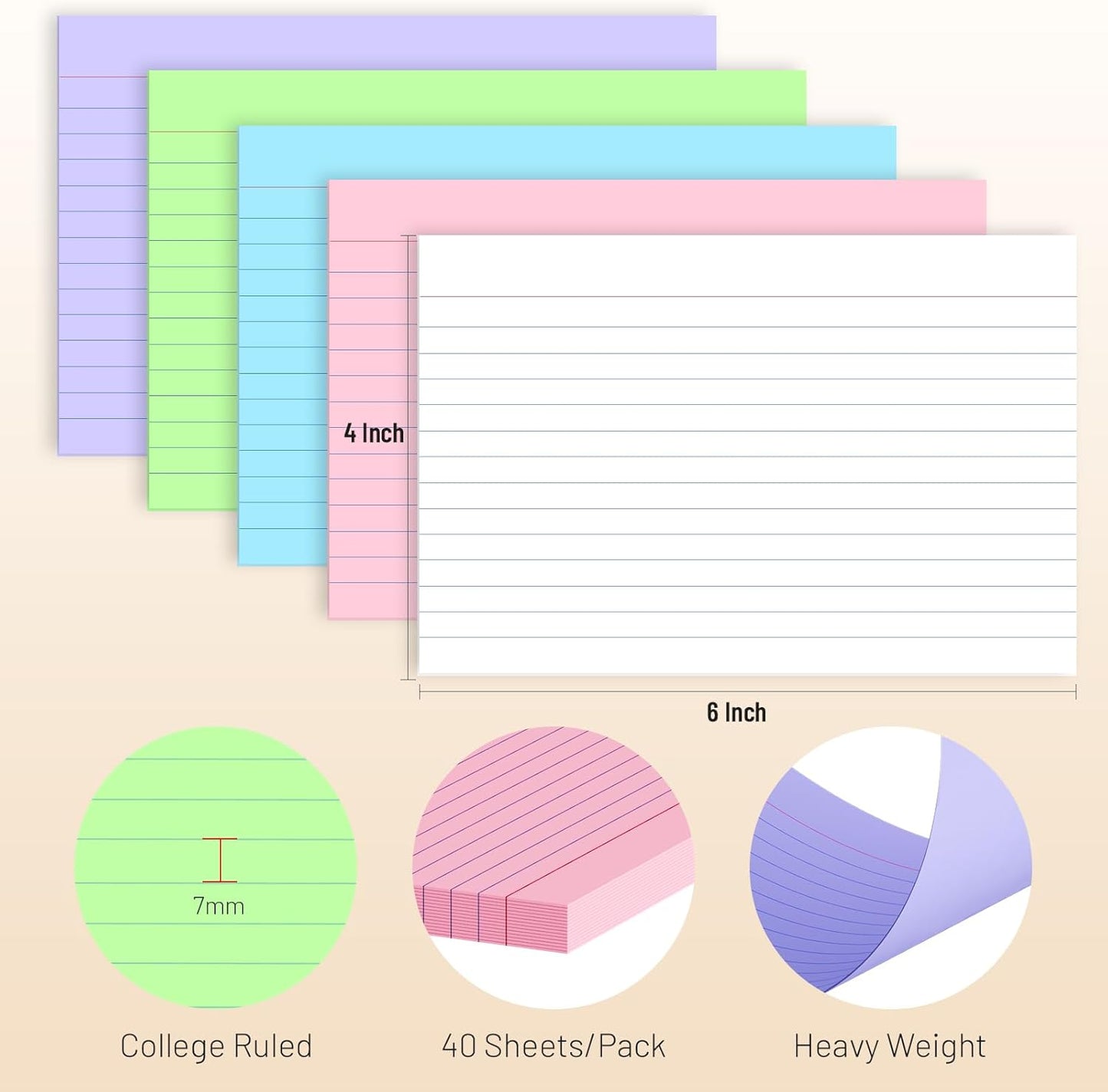 Index Cards 4 x 6 Inch 200 Pcs Ruled Color Index Cards, College Ruled Flash Cards for School, College, Office and Home Organization, Durable Study To Do List Note Cards with Ruled Lines, 5 Pack of 40