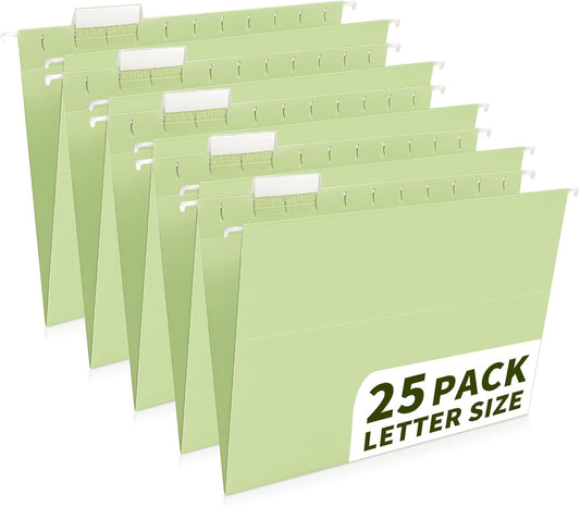 25-Pack Green Hanging File Folders, Letter Size (8.5" x 11") with 1/5-Cut Tabs,Includes 35 Transparent Label Cards & 50 Sticker Labels for Home & Office Organization