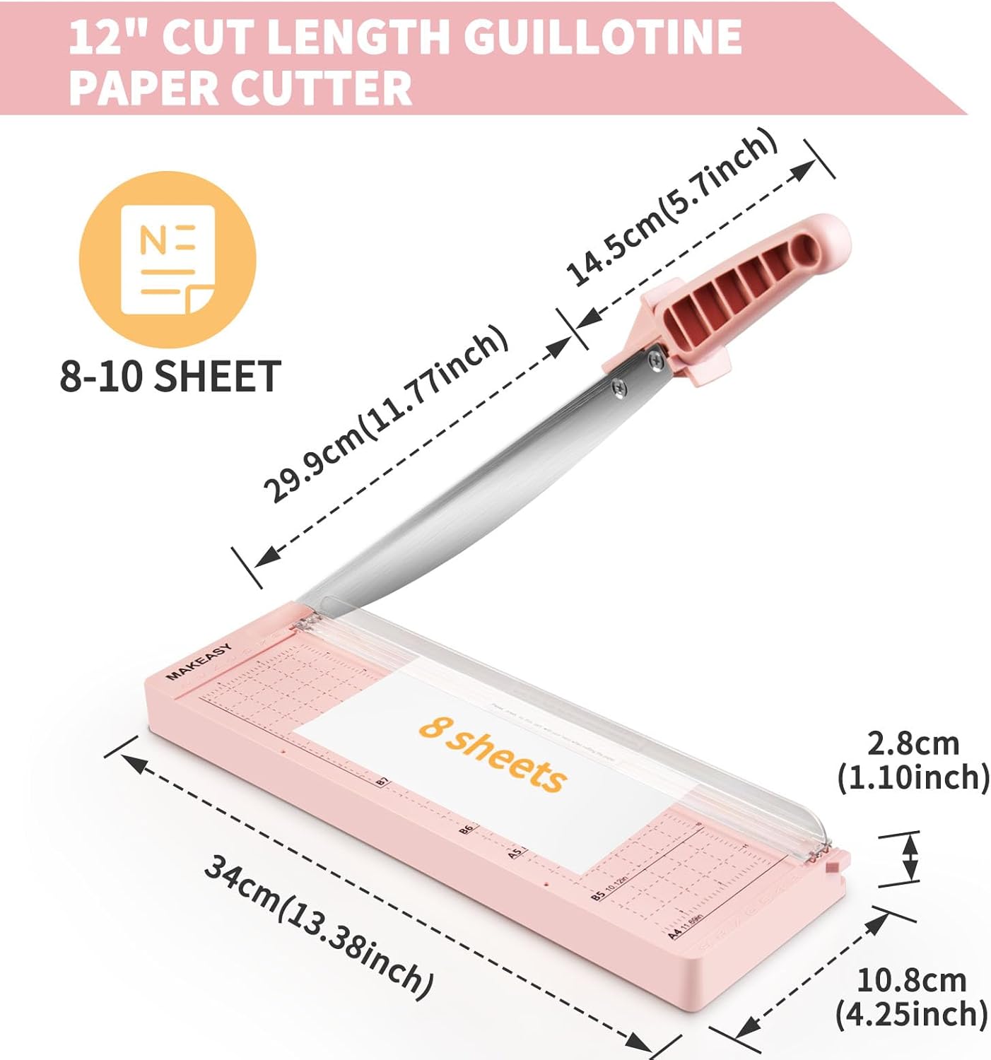 MAKEASY Paper Cutter 12 Inch, Guillotine Paper Cutter with 8 Sheet Capacity, Heavy Duty Paper Cutter for Cardstock, Paper Trimmer for Crafting, Classroom and Office, Pink