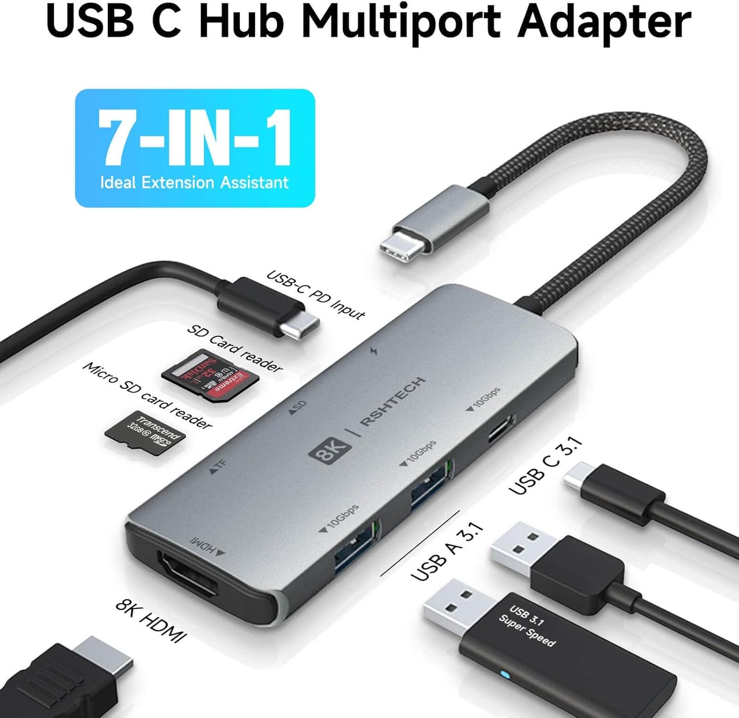 RSHTECH USB C Hub 7-in-1 Multiport Adapter with 8K HDMI, 10Gbps USB-C and 2 USB A Data Ports, 100W Power Delivery, SD/TF Card Reader, Aluminum USB 3.1/3.2 Gen 2 Hub Dongle for PC and Laptop, RSH-T02