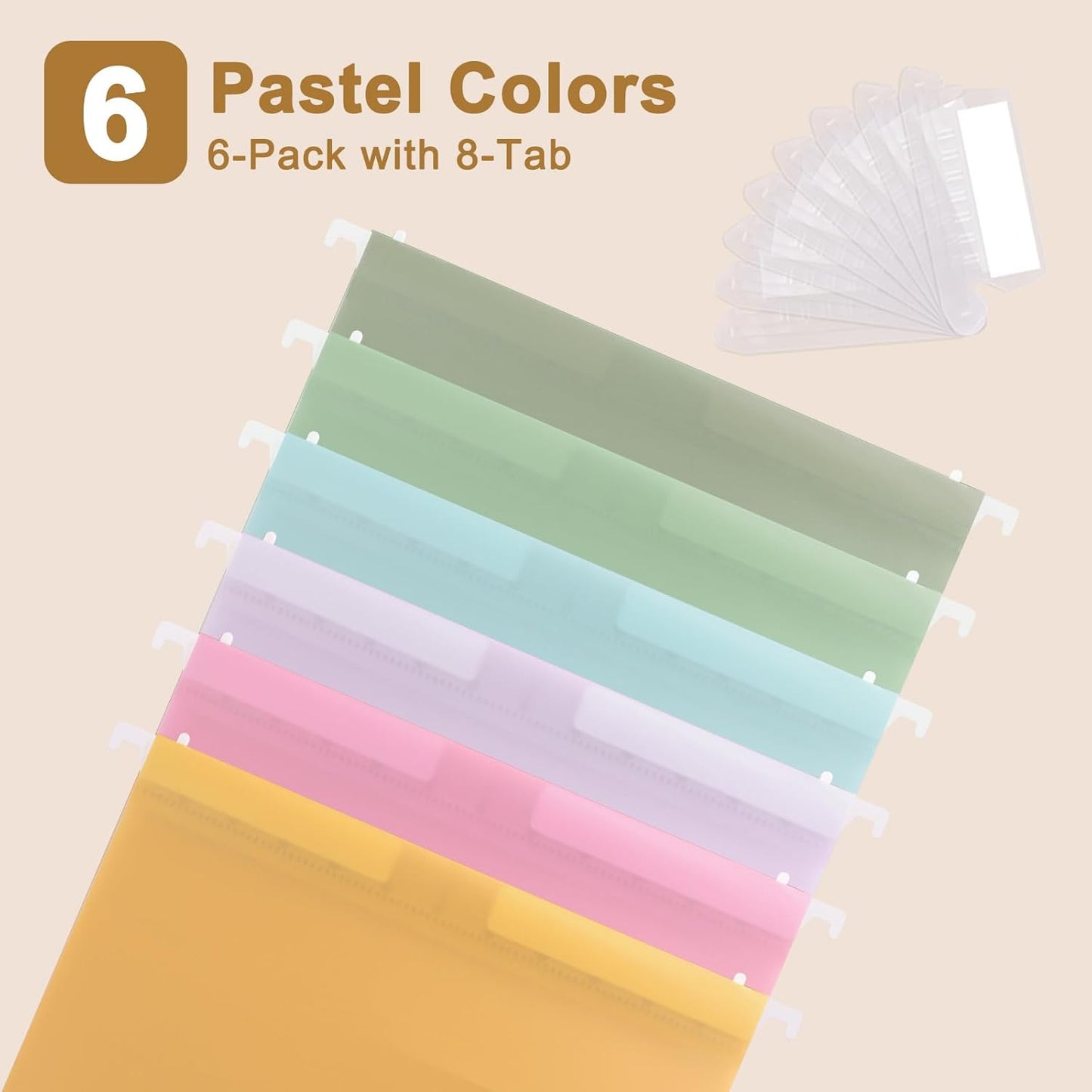 Pastel Plastic Hanging File Folders,Letter Size,6 Pack Reinforced Expanding Hang Folder,Heavy Duty File Folders for Filing Cabinet,1/5-Cut Tabs,Hanging Folder Organizer for Office Home
