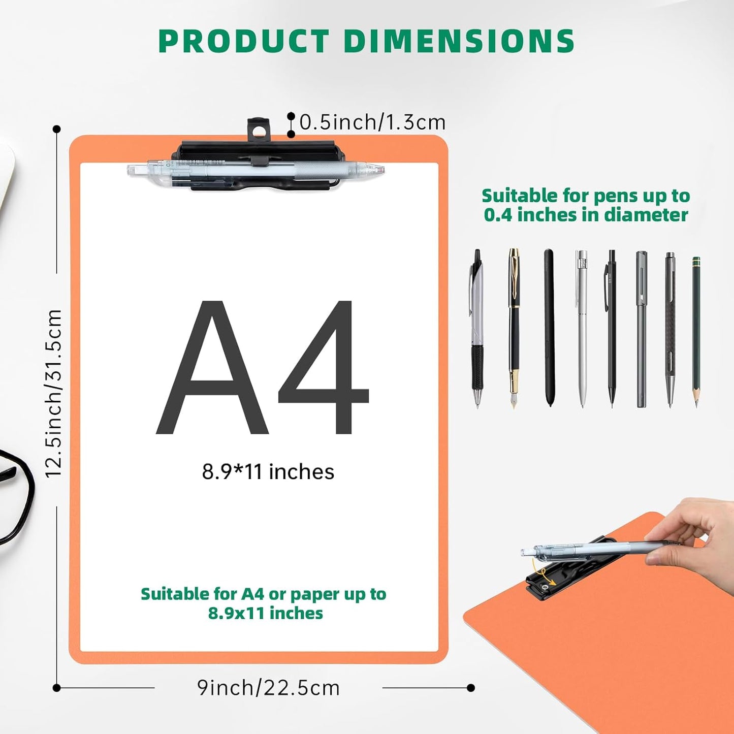 Clipboard with Pen Holder, Plastic Clipboard with Low Profile Metal Clip, Hanging Clipboards Holds 8.5x11 Inch Papers, Standard A4 Letter Size Clip Board for Office & School, Orange