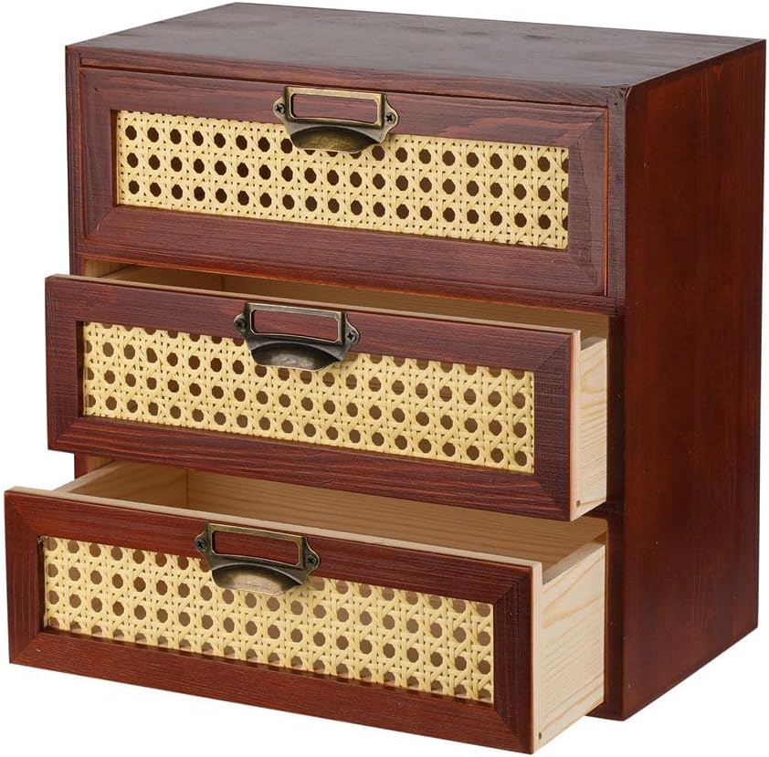 Desktop Drawers Organizer Card Catalog Drawer Card Cabinet Small Wooden Drawers Vintage Wooden Box with Drawers Boho Desk Organizers Library Card Catalog Cabinet (RATTAN-BROWN)