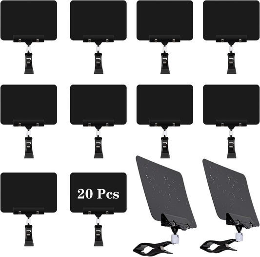 20 PCS Clip on Sign Holder, Plastic Rotatable Pop Label Merchandise Sign Display, Writable Mini Chalkboard with Double Sided Clips, Message Board for Notes Price Tag Supermarket Office Party