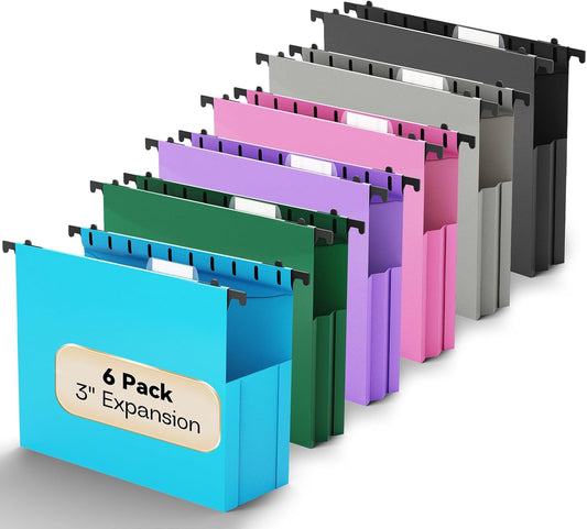 Plastic Expandable Hanging File Folder Letter Size,Heavy Duty 3 Inch Expansion,6 Pack Extra Capacity Hanging Folders,Accordian Pocket,Adjustable Tabs,Hanging Organizer for Bulky Files-Colored