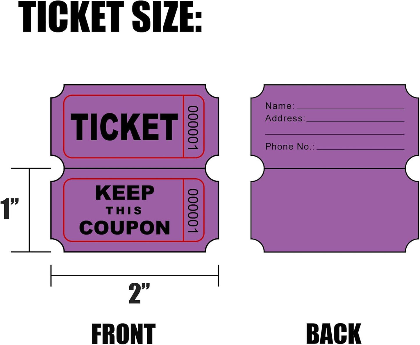 DNB 4000 Pairs Raffle Tickets - 4 Color Set of 1000 2 x 2 Inch 50/50 Double Roll Raffle Tickets - Purple/Pink/White/Orange