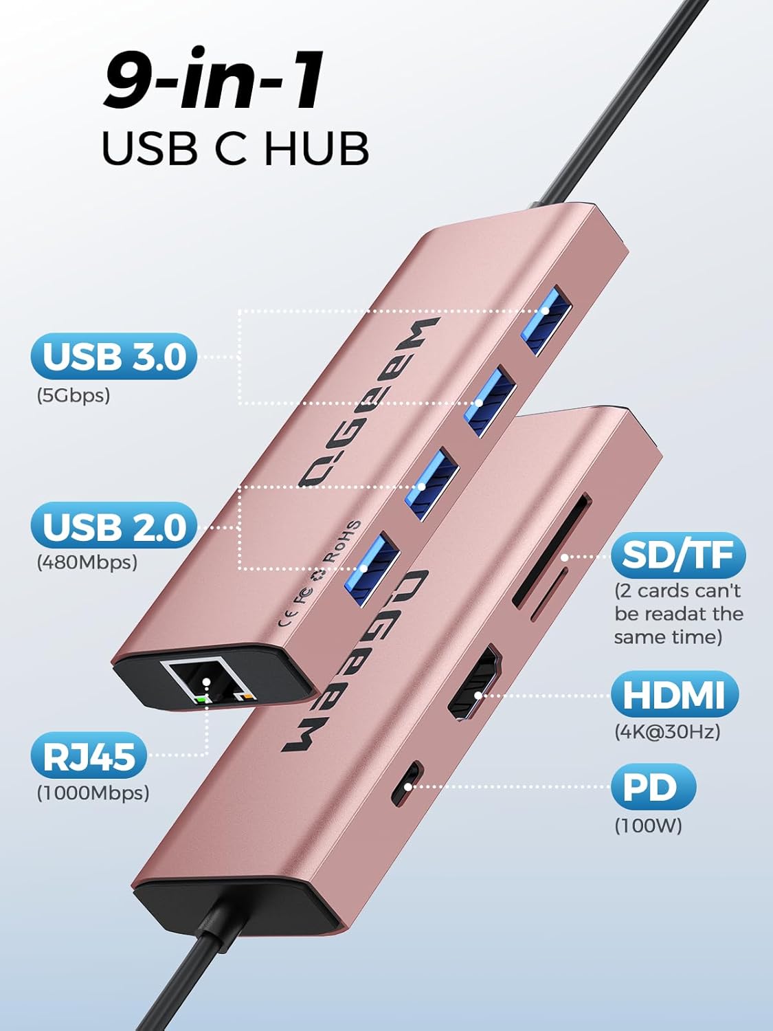 QGeeM USB C Hub Ethernet,9 in 1 USB Type C Hub HDMI Multi-Port Converter Adapter,100W Pd, USB 3.0,SD/TF Card Reader,Compatible for MacBook Pro Air Ipad HP Dell Lenovo Chromebook etc.-Pink