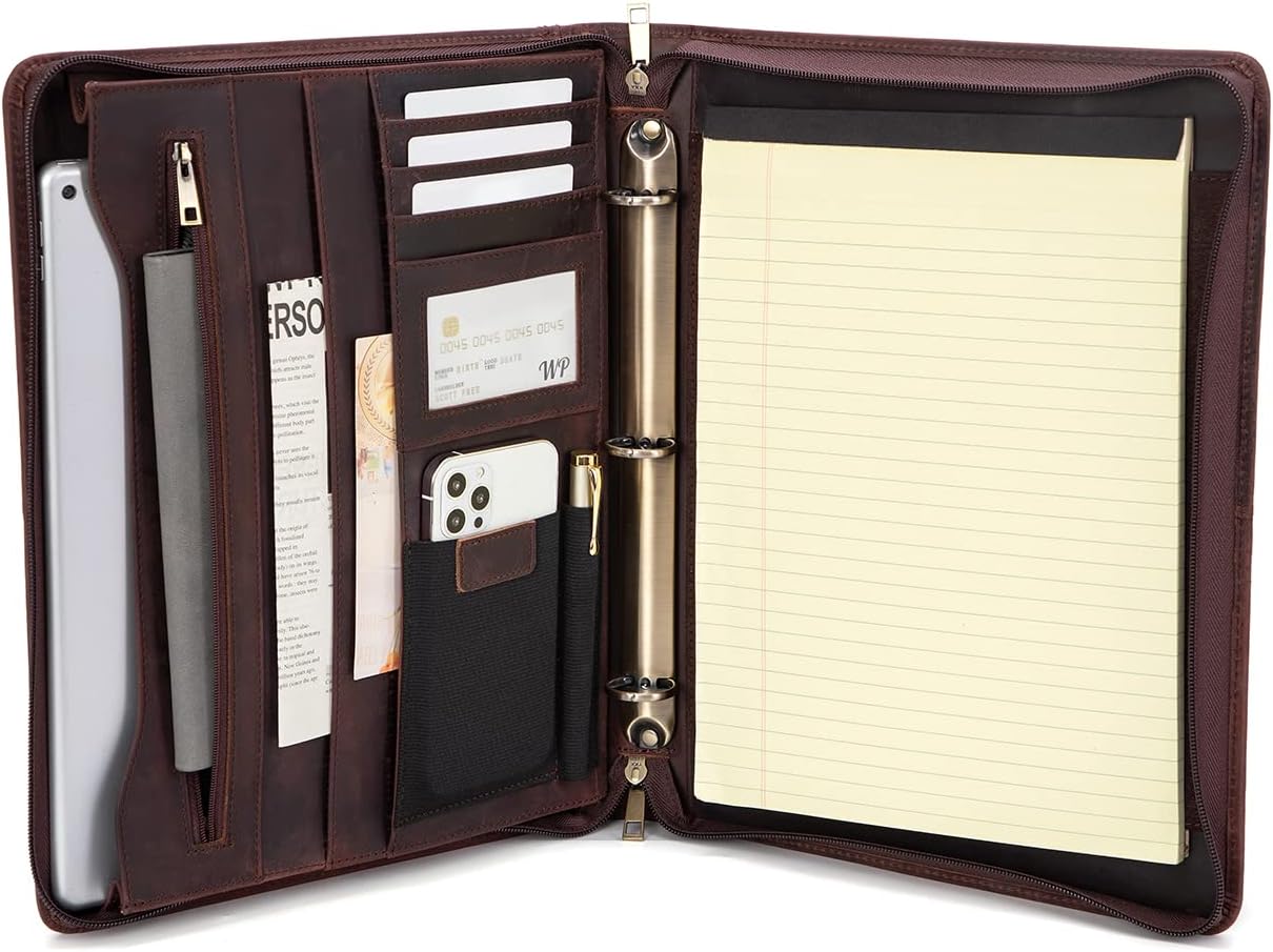 Genuine Leather Portfolio with 3 Ring Binder, Full Grain Leather Padfolio Zippered, A4 Notebook Holder Laptop Sleeve Professional Folder Organizer Gift for Men and Women, Dark Brown