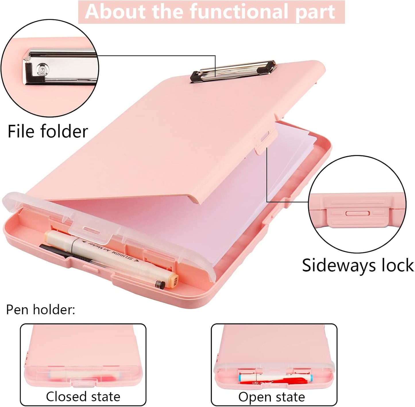 Clipboard with Storage,A4 Binder Nursing Clipboards with Pen Holder,Heavy Duty Storage Clipboard with Low Profile Clip, Clipboards Folder Side-Opening Clip Boards,Smooth Write Clip Board (Light Pink)