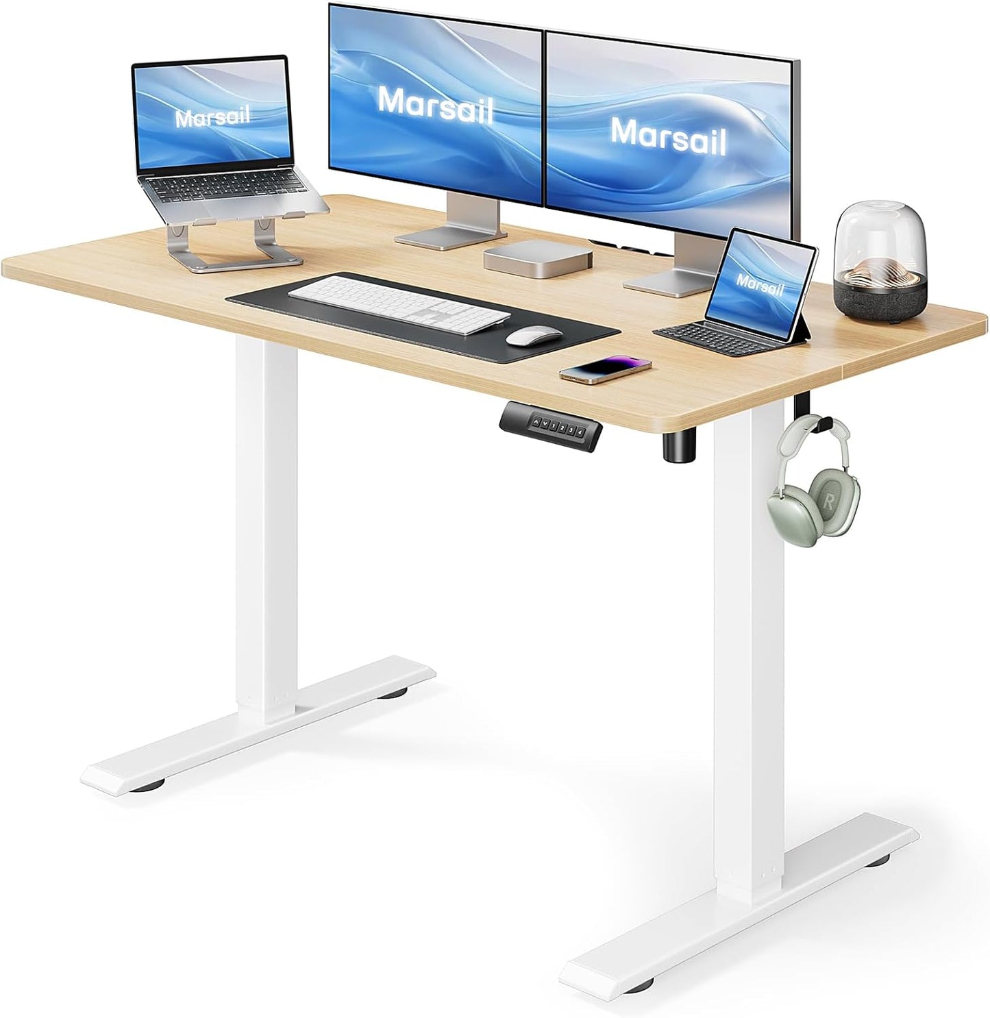 Marsail Electric Standing Desk,Adjustable Height Stand up Desk, 40 x 24 Inch Home Office Furniture Computer Desk, 4 Memory Preset with Headphone Hook, Cable Organizer, Maple