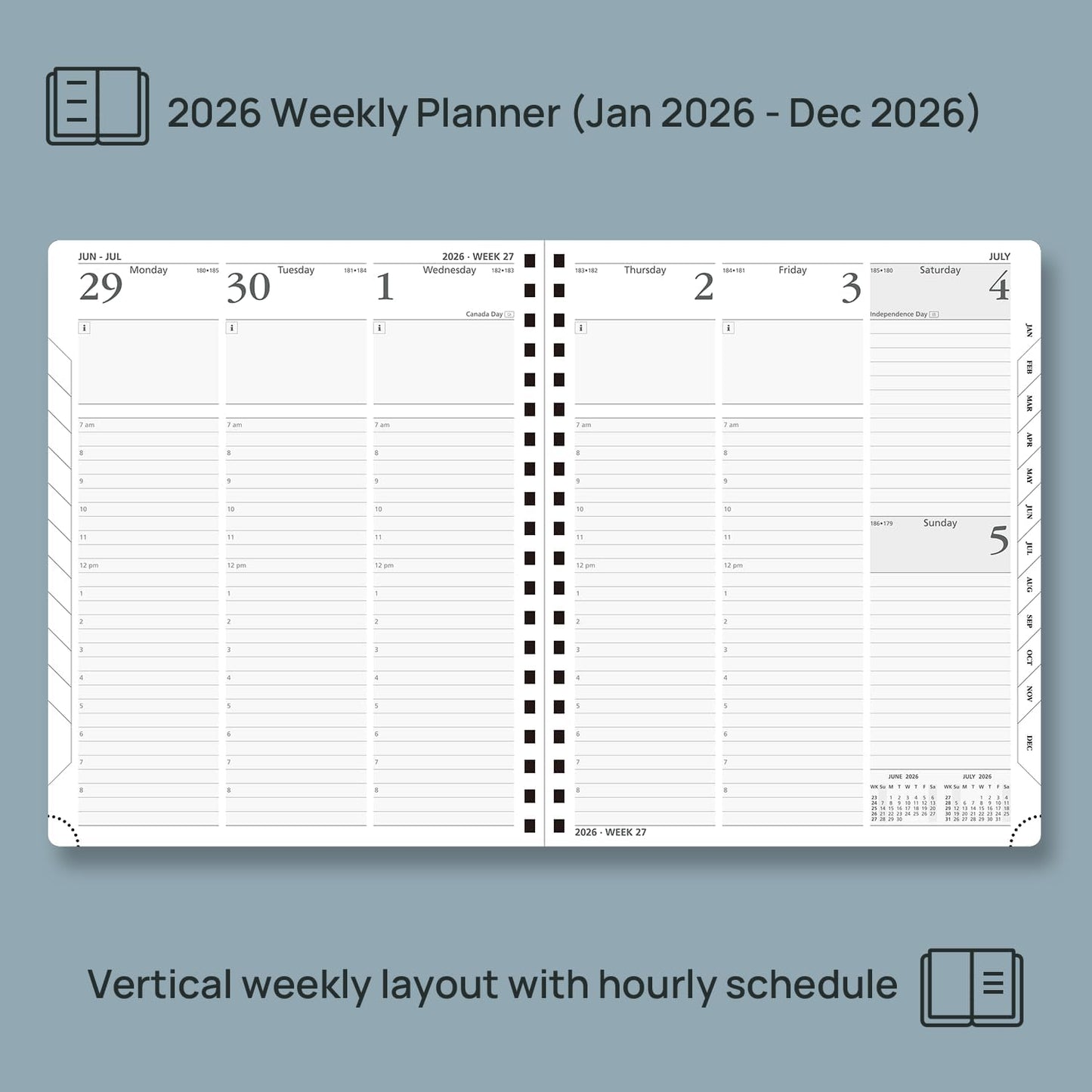 POPRUN 2026 Planner (Large - 8.5" x 10.5") with Hourly Schedule, Vertical Layout - 2026 Weekly Calendar (Jan. 2026 - Dec.2026) for Time Management, Monthly Tabs, Spiral Bound, Soft Cover - Blue Green