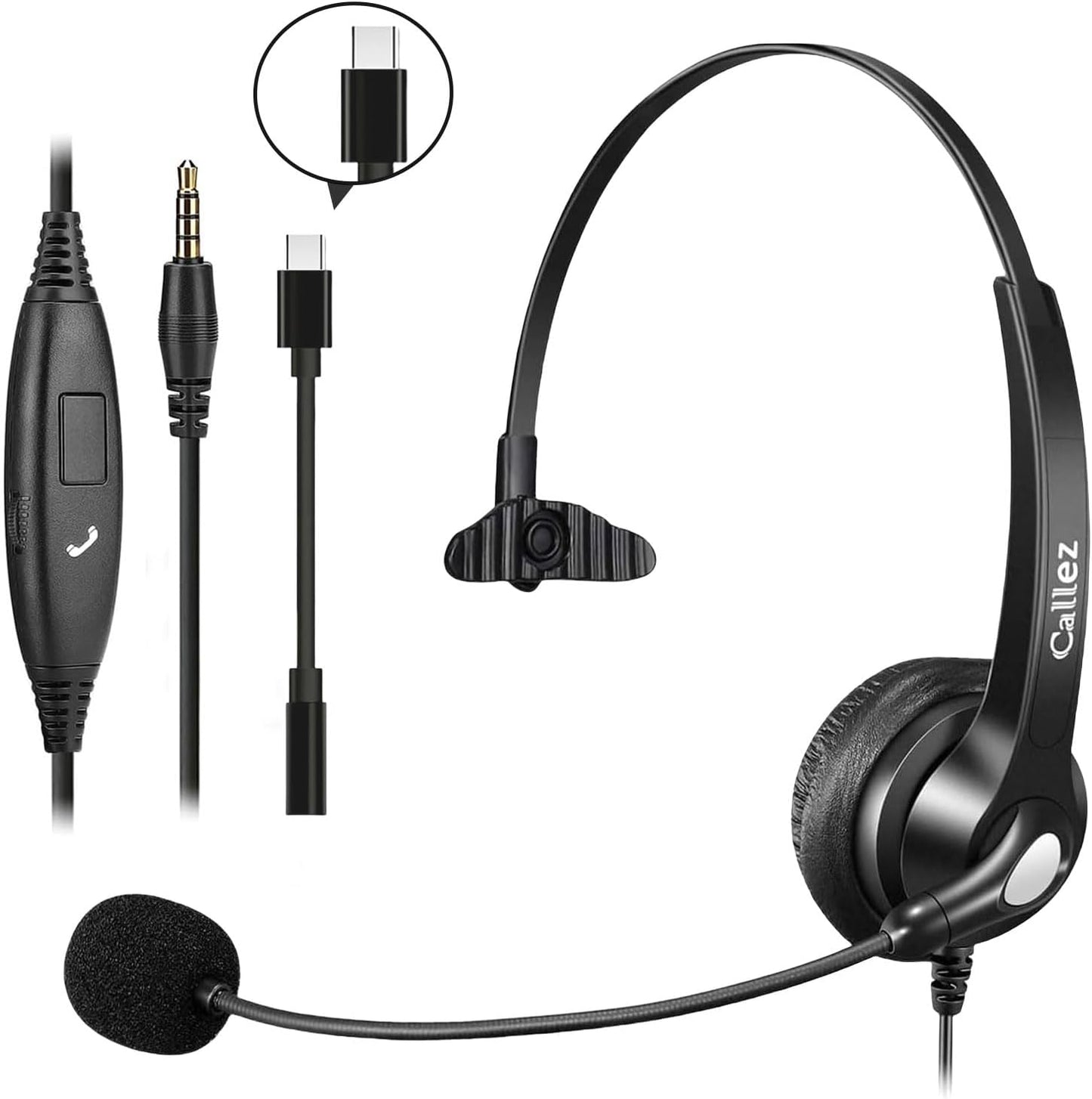 Callez Wired Computer Headset, 3.5mm Cell Phone Headset with Mic Noise Cancelling, USB-C Headphone for PC Laptop Mac iPhone Samsung Zoom Teams Call Center Home Office Work, in-line Controls