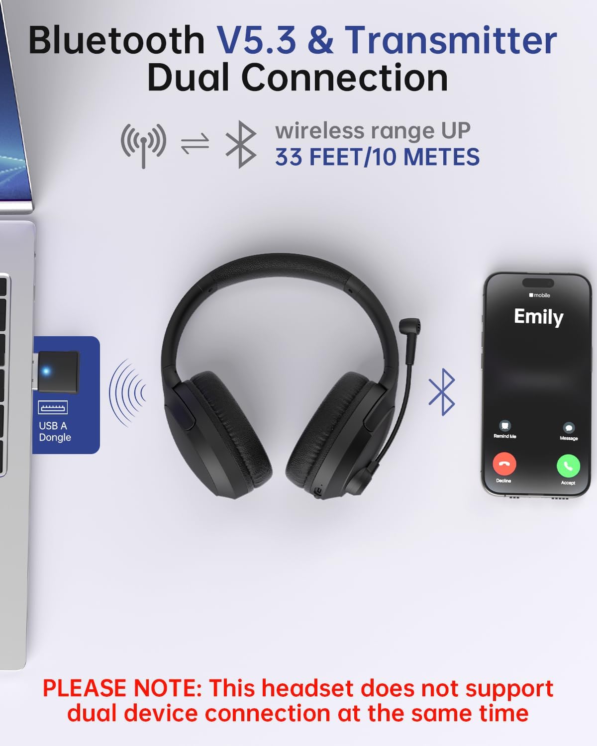 Wireless Headset with Mic for Work up to 40H Talk Time, Over-Ear Foldable Bluetooth Wireless Headset with AI Noise Cancelling Mic, Bluetooth V5.3 & USB Dongle & Mic Mute for Home Office (Black)