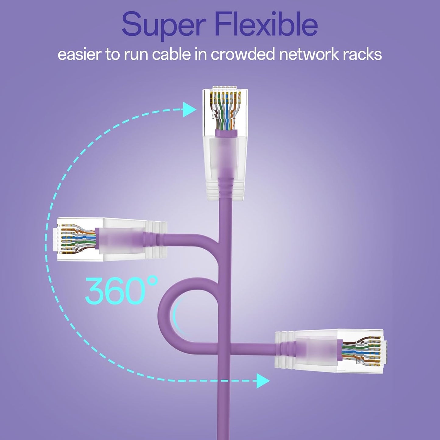 Cat6a Patch Cables 1ft (24 Pack) Slim, Cat6 Ethernet Patch Cable Pure Copper, Flexible Cat 6 Patch Cable 550MHZ 10G, Space-Saving Cat 6A Network Cables for Patch Panel, Purple