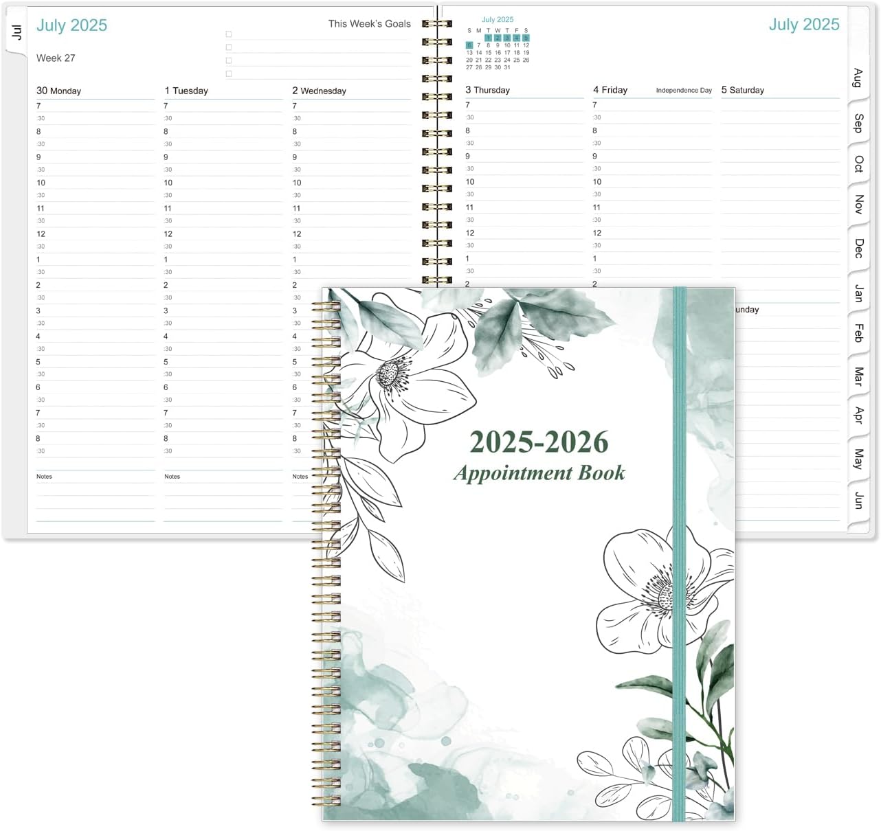 2025-2026 Appointment Book & Planner - 8.5" x 11" Daily Hourly Planner 2025 from July 2025 - June 2026, Weekly Appointment Book with 30-Minute Interval, Teal Flowers