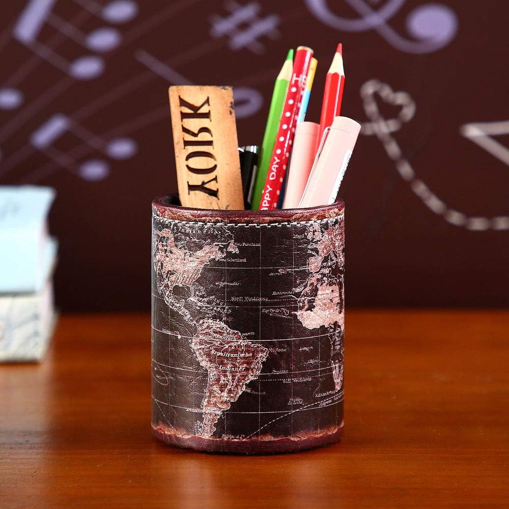 Black World Map Pencil Holder for Desk, PU leather Pencil Cup, Globe Pen Holder for Desk Office Supply Organizer PH46