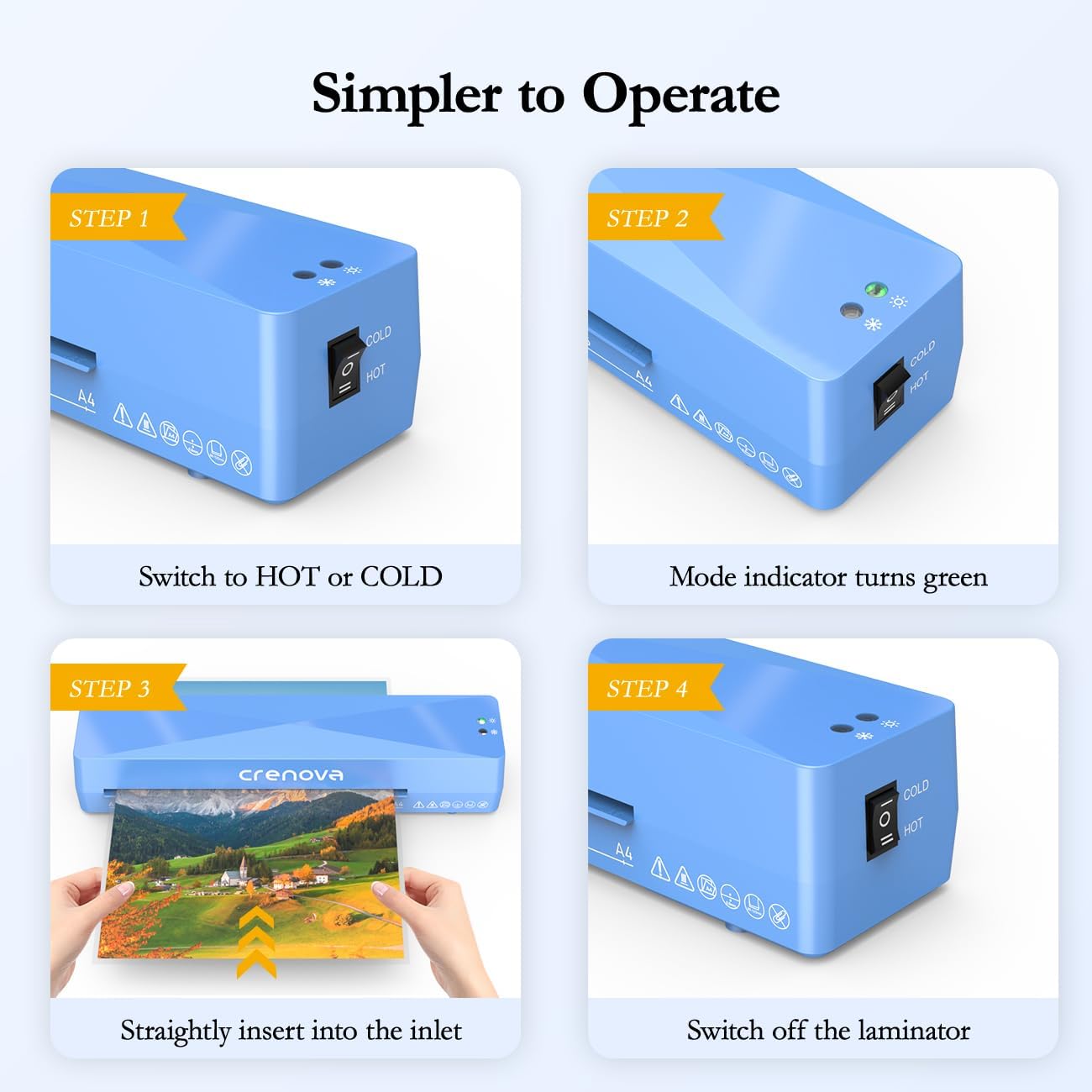 Crenova Laminator Machine with 10 Laminating Sheets, A4 Laminating Machine Hot & Cold with Fast Warm Technology, Thermal Laminator 9 Inch for Home Office School Business Blue