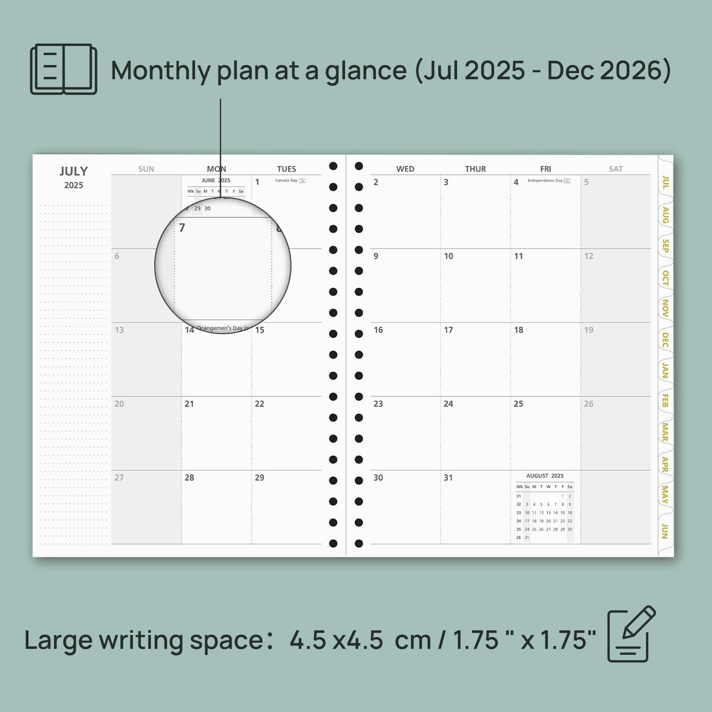 POPRUN Monthly Planner 2025-2026 Spiral Hardcover (8'' x 10''), 18 Months Calendar (Jul.2025 - Dec.2026)- 2 Pages per Month with Dotted Note Pages, Sunday Start, Laminated Tab - Midnight Green