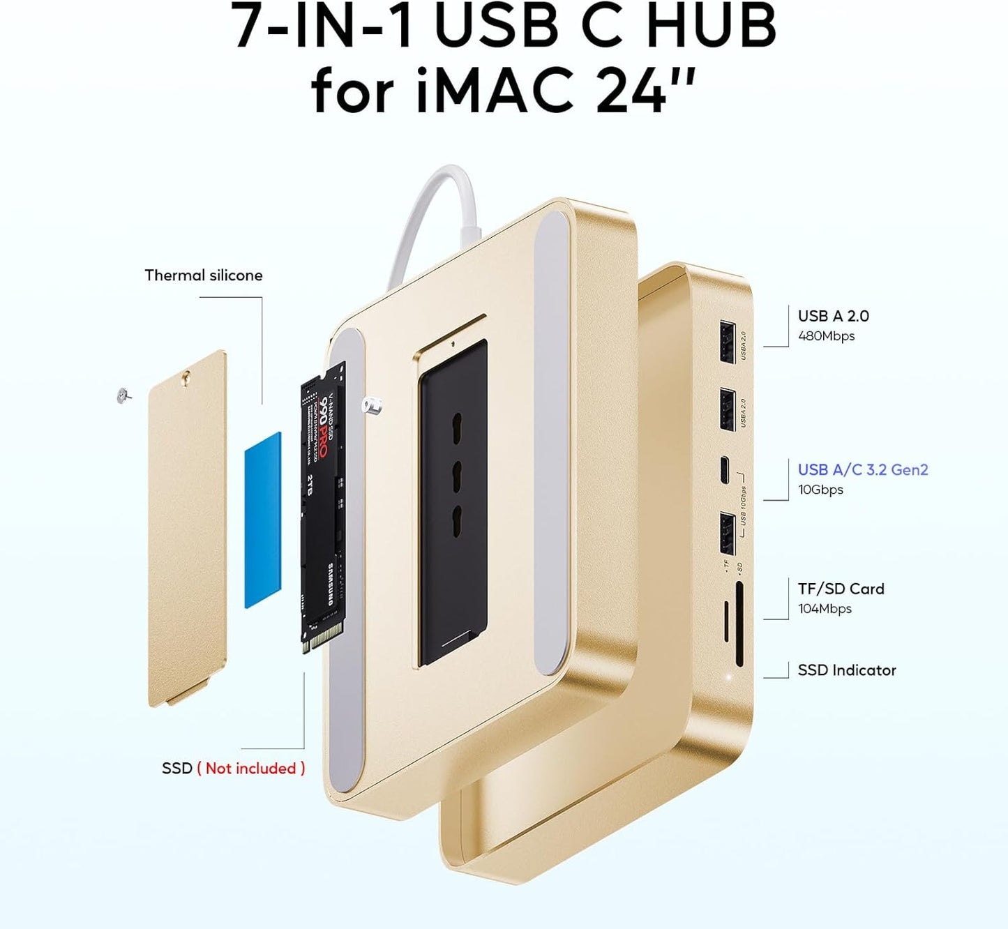 USB C HUB for iMac 24 inch 2021/2023/2024, PULWTOP USB Hub Adapter iMac Accessories for iMac M1/M3/M4 with USB C 10Gbps 3*USB A SD/TF, Docking Station Support Expand M.2 SSD (Not Included),Yellow