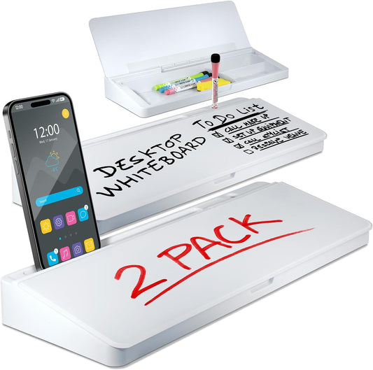 Desktop Whiteboard - Glass Dry Erase White Board - Desk Computer Buddy – Home Office & Studying Essentials - with Phone & Tablet Slot, Storage Compartment - Includes 4 Markers, 1 Eraser (2 Pack)