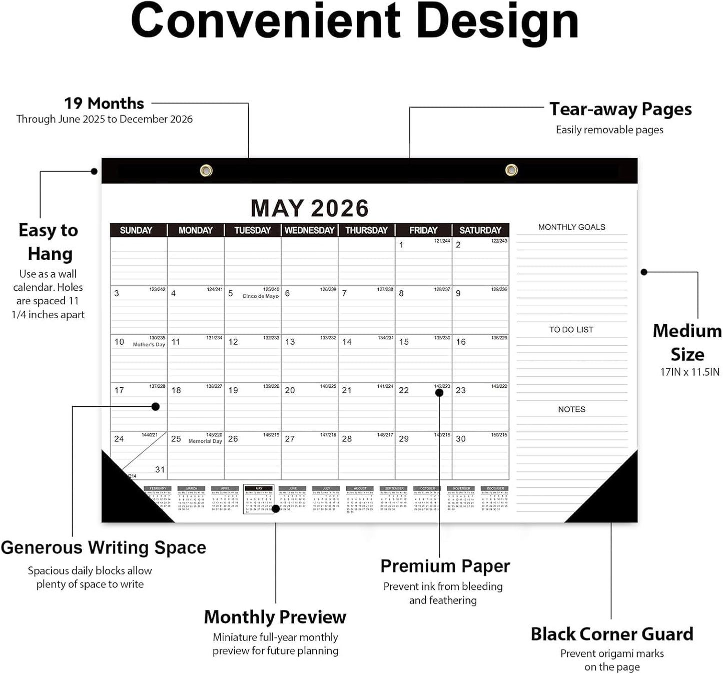 GuassLee Desk Calendar 2025, 2 Packs, 19 Months Calendar 17" × 11.5" Desk Calendar from June. 2025 to December. 2026 with Julian Date, To-do List, Notes, Monthly Goals, for Home School Office