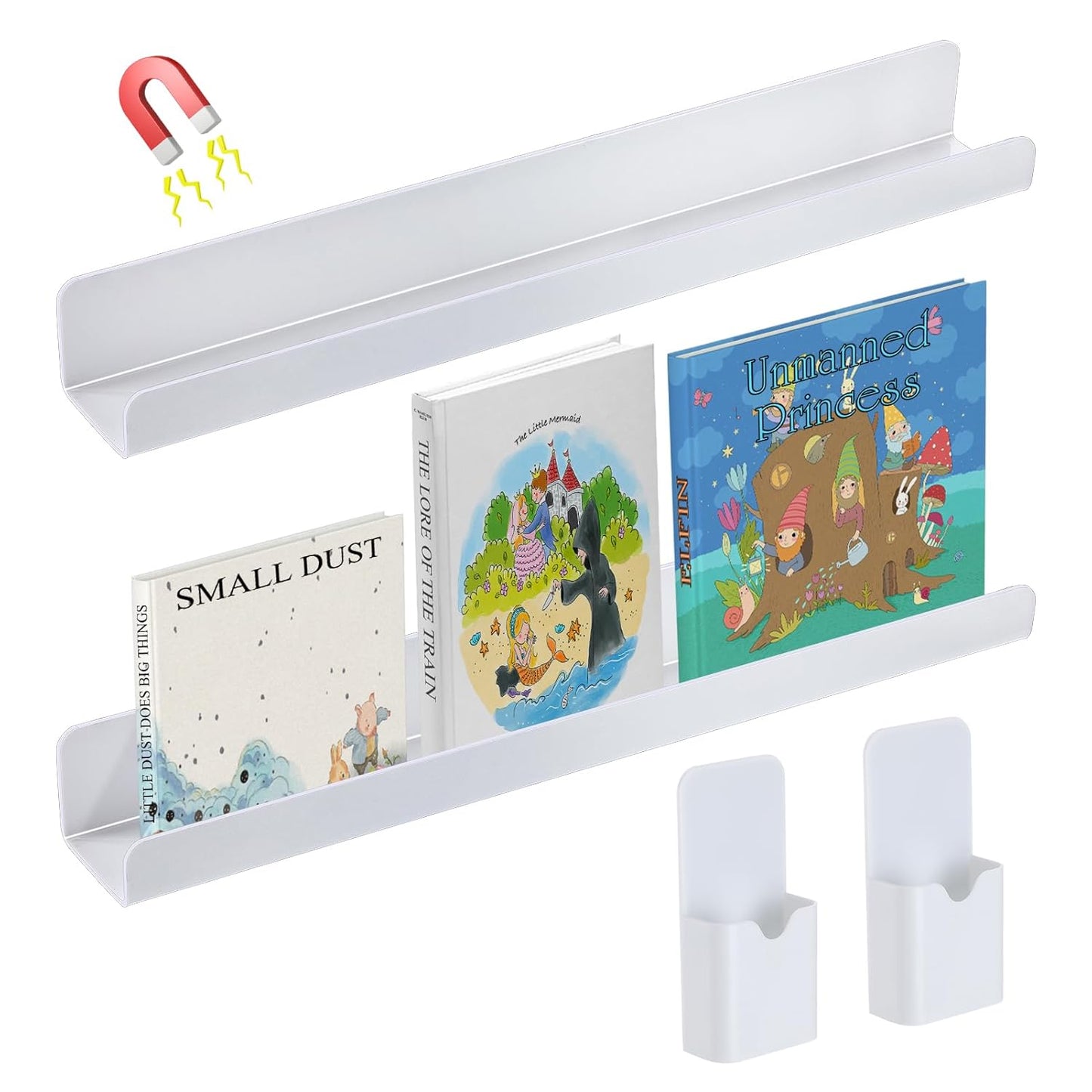 2 Set Acrylic Magnetic Book Shelf & Pen Holder for Whiteboard, 8.8Lbs Bearing Magnetic Books Display Holder for Teacher Classroom Office, White