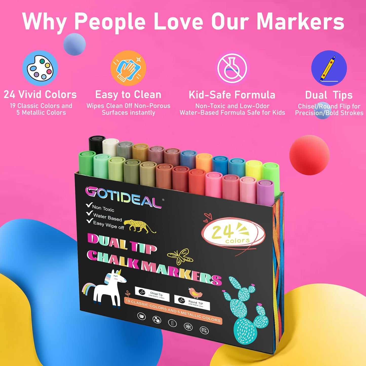 GOTIDEAL Chalk Markers Dual Tips,Erasable Liquid Chalk Marker for Blackboard,Washable Chalk Pens for Auto,Car,Glass,Mirror,Chalkboard,Window markers,24 Colors Chalk Board Markers with Metallic Colors