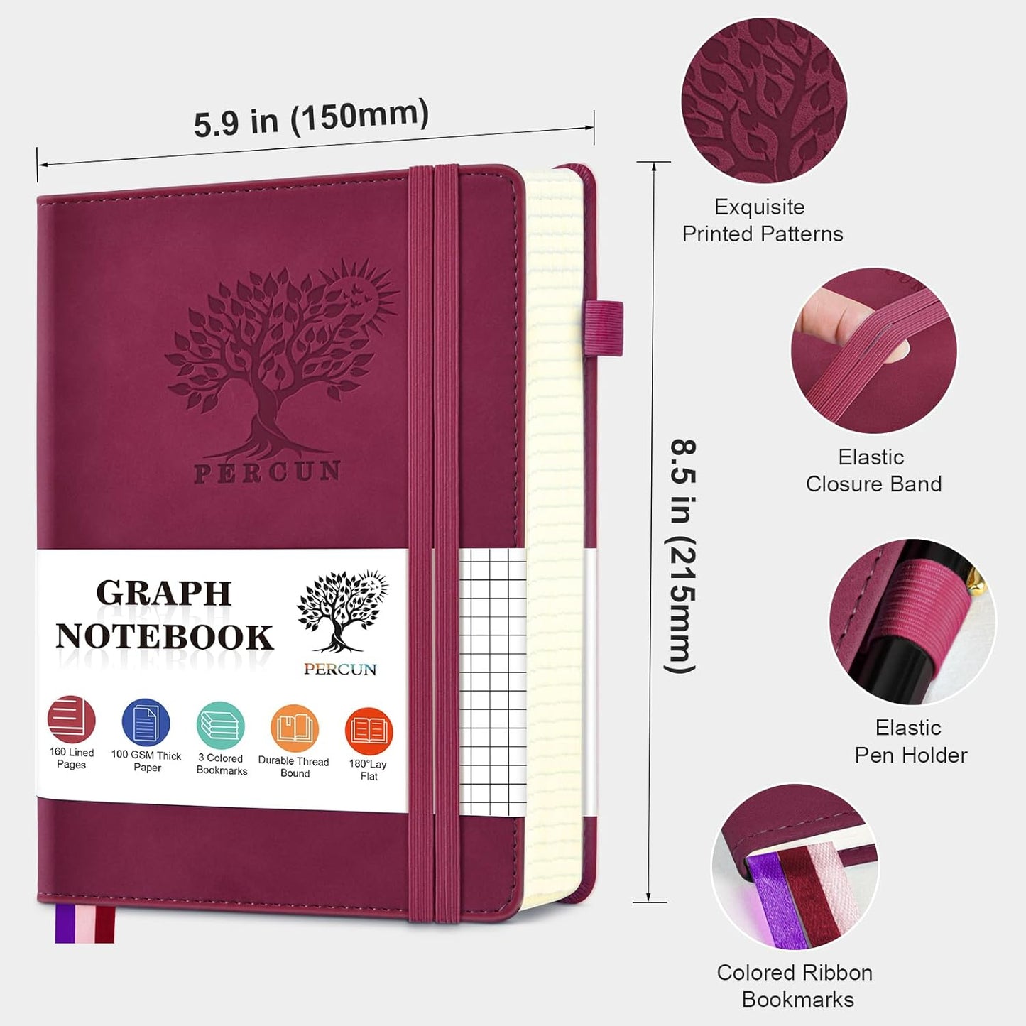 Graph Paper Notebook, 160 Pages Grid Journal for women & men, A5 Hardcover Leather Graphing Notebook for School, Work, Travel, Note Taking 5.9”x8.5” (Burgundy)